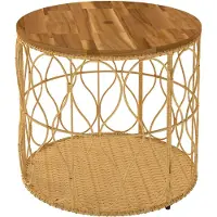BellaFurn Table d'appoint d'extérieur, diamètre 50 cm, en bois d'acacia et en rotin | Couleur : bois de teck | Dimensions : 50 x 50 x 47,5 cm