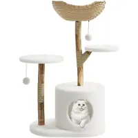 StarTech.com Arbre à chat - Hauteur 104 cm - Bois et rotin - 4 niveaux avec des plateformes de repos - Design moderne pour intérieur - Blanc