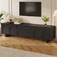Merax Meuble TV , meuble bas TV avec 4 portes et 2 tiroirs, design moderne avec gestion des câbles, table TV au design arrondi, idéal pour le salon, couleur noire