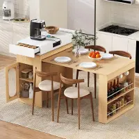 Flieks Table extensible sur roulettes, avec plateau pliable, table de bar équipée de prises électriques et de crochets, table de cuisine pour cuisine et salle à manger, design naturel