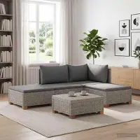 Prolenta Ensemble de salon en rotin naturel "GENDT", comprenant 4 pièces avec coussins, de couleur gris "Kubu"