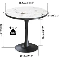 StarTech.com Table ronde - 77 cm de diamètre - Pour 2 personnes - Plateau en pierre reconstituée - Structure en métal - Style moderne et minimaliste - Couleur : blanc jade