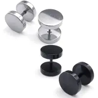 Jojomino Boucles d'oreilles pour homme, clous d'oreilles ronds, 6 mm, 2 paires, noir argent - acier inoxydable