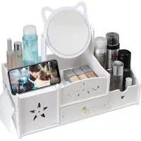 Famanu Organisateur de cosmétiques avec tiroir et miroir rond - PVC blanc, idéal pour la chambre à coucher et la salle de bain