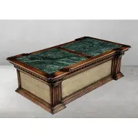 Casa Padrino Table basse de luxe de style vintage marron / vert / laiton 156 x 89,5 x H. 48 cm - Table de salon rectangulaire en bois massif avec tiroir - Meubles de salon de luxe de style vintage