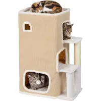 Relaxdays , maison pour chat à 3 étages, avec cachette, jouet à balle et griffoir, dimensions : 83,5 x 43 x 34 cm, abri pour animal de compagnie pour intérieur, en tissu, couleur beige