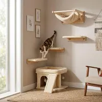 Northix Cat Tree with Cave & Bed, Beige - Sisal & Plush