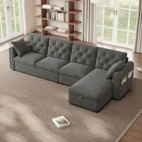 Ulife Canapé moderne en velours avec rangement : convertible, repose-pieds, poches de rangement et capitonnage boutonné, couleur gris (281 x 86 x 71 cm)