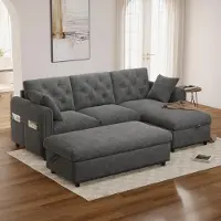 Ulife Canapé moderne en velours avec espace de rangement, divisible à gauche ou à droite, dossier capitonné, accoudoirs avec poches. Couleur : gris. Dimensions : 219 × 131 × 86 cm.