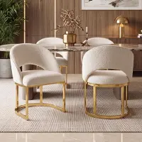 Flieks Ensemble de 4 chaises de salle à manger , avec pieds galvanisés dorés, revêtues en tissu bouclé, idéales pour les restaurants, les salons, les cuisines. Chaises rembourrées, couleur beige et or
