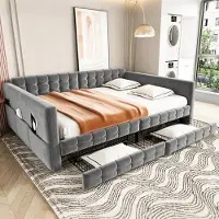 Flieks Canapé-lit , modèle convertible 140x190 cm, avec 2 tiroirs, lit pour enfant/adolescent avec rangement intégré, lit matelassé double avec sommier à lattes, en velours, couleur gris