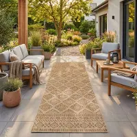 HomebyHome Tapis Extérieur Beige Effet Jute 80x250 cm Balcon Terrasse Jardin Résistant UV Couloir Motif Losanges Tissé plat Nettoyage facile