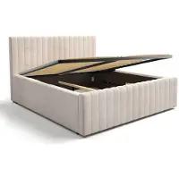 Meublorama Lit coffre ELORIA 160x200 en tissu bouclé beige avec tête de lit capitonnée et sommier inclus