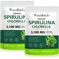 P-Beauty Capsules de spiruline et de chlorelle, 3100 mg, complément alimentaire à base d'algues, dosage élevé, produit végan, 2 flacons de 300 capsules