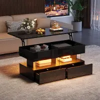 Merax Table de chevet relevable , table d'appoint à hauteur réglable avec 2 tiroirs, surface haute brillance, espace de rangement dissimulé, éclairage LED contrôlable via une application, couleur noire