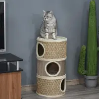 SUGIFT Arbre à chat à 3 étages avec sisal et peluche, arbre à chat avec niche, meuble pour chat en aggloméré, couleur kaki-café | 37,5 x 37,5 x 70 cm | 7 kg