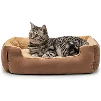 Lionto Lit pour chats, lit douillet et moelleux avec coussin réversible amovible & fond antidérapant, facile d'entretien & moderne, 60x48 cm, brun/beige