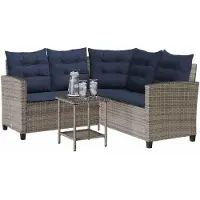 vidaXL Canapé de jardin en L avec table et coussins Gris Poly rotin