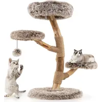 Northix Arbre à chat avec 4 niveaux en peluche, bois de bouleau, poteaux en jute