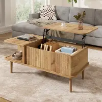 Merax Table basse réglable en hauteur, avec porte coulissante, table de salon en MDF avec rainures verticales, table d'appoint avec pieds en bois, finition naturelle