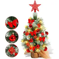 Vigevee Mini sapin de Noël, 40 cm, rouge, arbre de Noël artificiel avec 30 LED à piles et socle en bois, idéal pour les fêtes de Noël