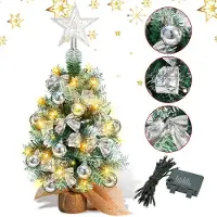 Eikuavons Mini sapin de Noël, arbre de Noël artificiel avec guirlande de LED, décoration de table comprenant des boules de Noël et un ruban, 40 cm, argent