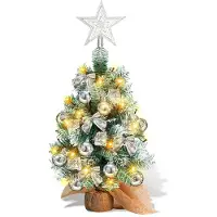 Vigevee Mini sapin de Noël , arbre de Noël artificiel avec guirlande de LED, décoration de table comprenant des boules de Noël et un ruban, 40 cm, argent