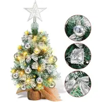 Eikuavons , mini sapin de Noël de 40 cm, argenté, avec 30 LED, base en bois et décorations de Noël, idéal pour la décoration de table