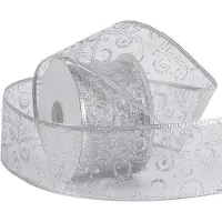 OEM Ruban pailleté avec fil métallique - ruban transparent argenté avec motifs tourbillonnants - 63 mm x 22 m. Chaque rouleau possède un bord argenté renforcé
