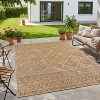 HomebyHome Tapis Extérieur Beige Effet Jute 160x220 cm Balcon Terrasse Jardin Résistant UV Grand Motif Losanges Tissé plat