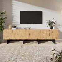 Merax Meuble TV avec 4 portes, design à motif en treillis, mécanisme à ouverture par pression, meuble TV pour écrans jusqu'à 75 pouces, beaucoup d'espace de rangement, finition naturelle