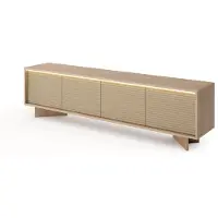 Bettso Large meuble TV bas DEMI, 204 cm de largeur, avec éclairage LED, 4 portes, en chêne Bolivar finition naturelle, avec façades rainurées couleur cappuccino