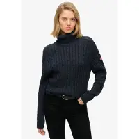 Superdry pour femme. W6110614A Pull à Torsades Ample Col Roulé marine (L), Casuel, Coton, Manche longue