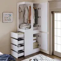 Merax Armoire avec espace de rangement ouvert pour les vêtements et 4 tiroirs, armoire à une porte avec compartiments de rangement sur le côté gauche, armoire de rangement en MDF, de couleur blanche