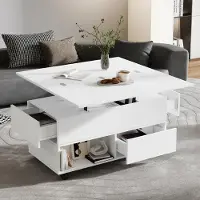Merax Table basse , réglable en hauteur, dimensions 100x50x52 cm, avec 4 tiroirs, éclairage LED, table d'appoint relevable, couleur blanche