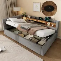 Flieks Canapé-lit 90x200 cm avec port USB et revêtement en similicuir, lit rembourré pour adolescents avec rangements et espace de rangement hydraulique, canapé convertible de jour en lin, gris