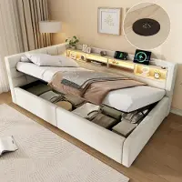 Flieks Canapé-lit 90x200 cm avec port USB et revêtement en similicuir, lit rembourré pour adolescents avec rangements et espace de rangement hydraulique, canapé-lit de jour en lin, couleur beige