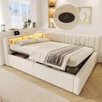 Flieks Canapé-lit hydraulique 140x200 cm avec port USB, lit pour adolescents, lit capitonné, lit double en cuir, canapé-lit avec rangements, en lin, couleur beige