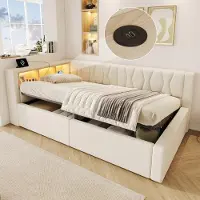 Flieks Canapé-lit hydraulique 90x200 cm avec port USB, lit pour adolescents, lit capitonné, lit simple en similicuir, canapé-lit avec rangements, lin, beige