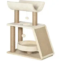 BellaFurn Arbre à chat avec griffoir, panier et jouets | Couleur : Marron clair | Dimensions : 60 x 30 x 76 cm