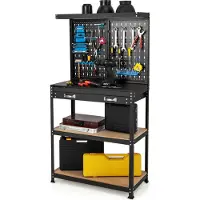 Costway Table de travail , établi avec panneau perforé, table de travail avec tiroir, grande surface de travail et 3 étagères, table de travail incluant 13 accessoires pour le rangement