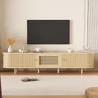 Merax Meuble TV de 180 cm avec éléments en rotin, meuble TV avec structure 3D et un tiroir, portes coulissantes, pieds en bois massif réglables. Matériau : bois