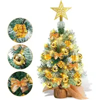 Eikuavons , mini sapin de Noël de 40 cm, couleur or, avec 30 LED, base en bois et décorations de Noël, idéal pour la décoration de table