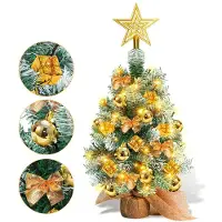 Peviasot Mini sapin de Noël, arbre de Noël artificiel avec guirlande de LED, décoration de table comprenant des boules de Noël et un ruban, 40 cm, couleur or
