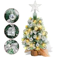 Vigevee , mini sapin de Noël, 40 cm, argenté, avec 30 LED, 50 branches, base en bois, étoile, boules, rubans et boîtes cadeaux