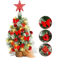 Vigevee , mini sapin de Noël de 40 cm, rouge, avec 30 LED, base en bois et décorations de Noël, idéal pour la décoration de table en intérieur