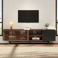 Merax Meuble TV de 160 cm avec portes à lamelles, meuble TV avec tiroirs et étagères ouvertes, table basse TV pour salon, finition noyer noir