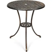 StarTech.com Table de jardin, table de balcon - Table d'extérieur ronde en aluminium moulé - Trou pour parasol - Étagère inférieure - Résistante aux intempéries - Bronze
