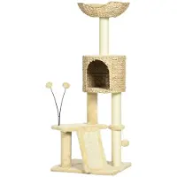 StarTech.com Kratzbaum Katzenbaum - 4 niveaux - Hauteur 116 cm - Avec cachette et panier - Plateformes - Balles en peluche - En fibres de water hyacinth - Couleur beige