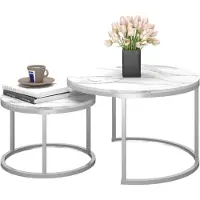 Sonstiges Table d'appoint ronde imitation marbre, blanche et argentée, lot de 2 : 70x70x45 cm et 50x50x35 cm